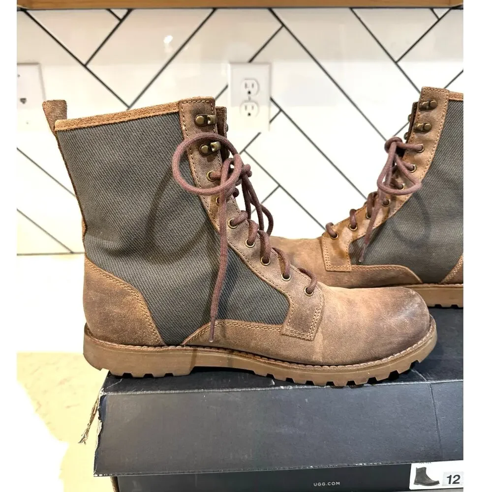 UGG Montgomery combat boots chestnut leather olive canvas upper sz 12